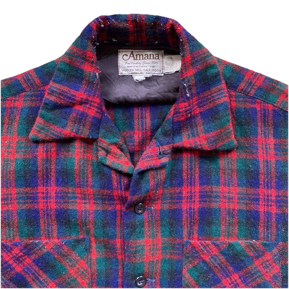 Vintage Amana Wool Shirt 70s Medium Red Green Plaid Square Hem